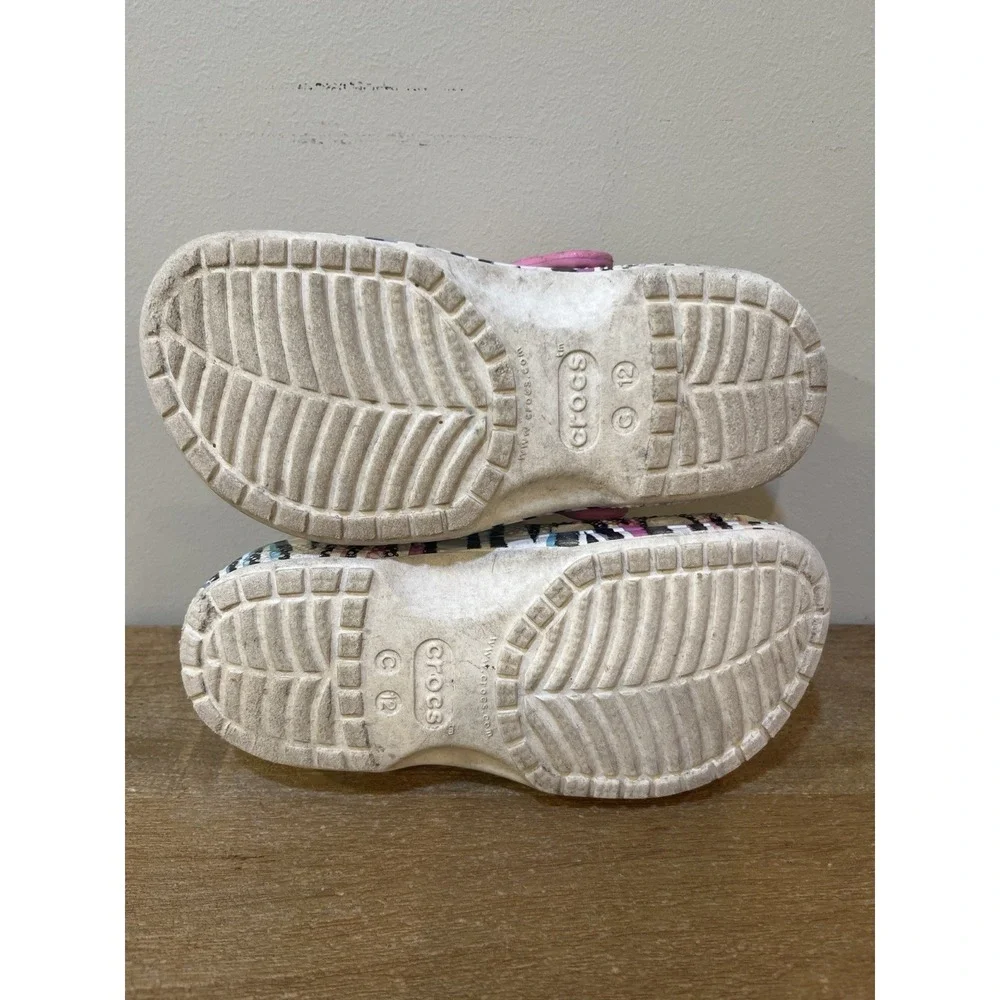 Crocs Kids C12 Classic Zebra Animal Print Clogs Pink Glitter Strap Slip On Shoes